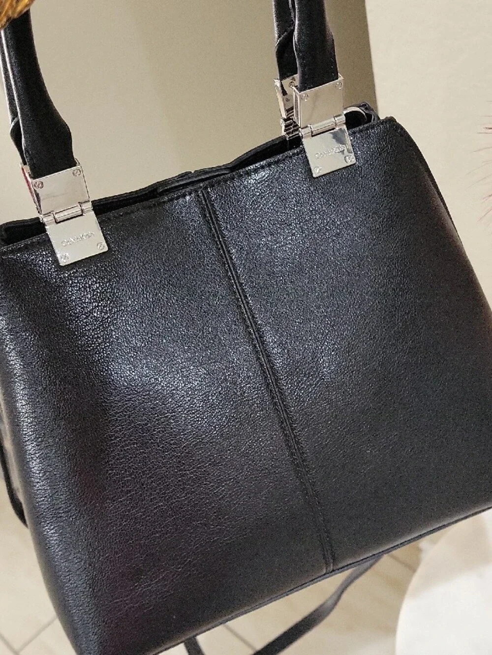 Calvin Klein Black Leather Structured Top-Handle Satchel